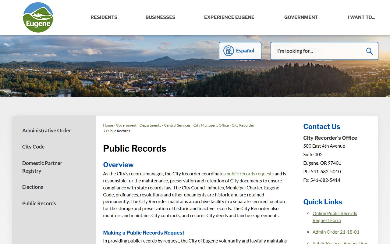 Eugene criminal history records city public records request page
