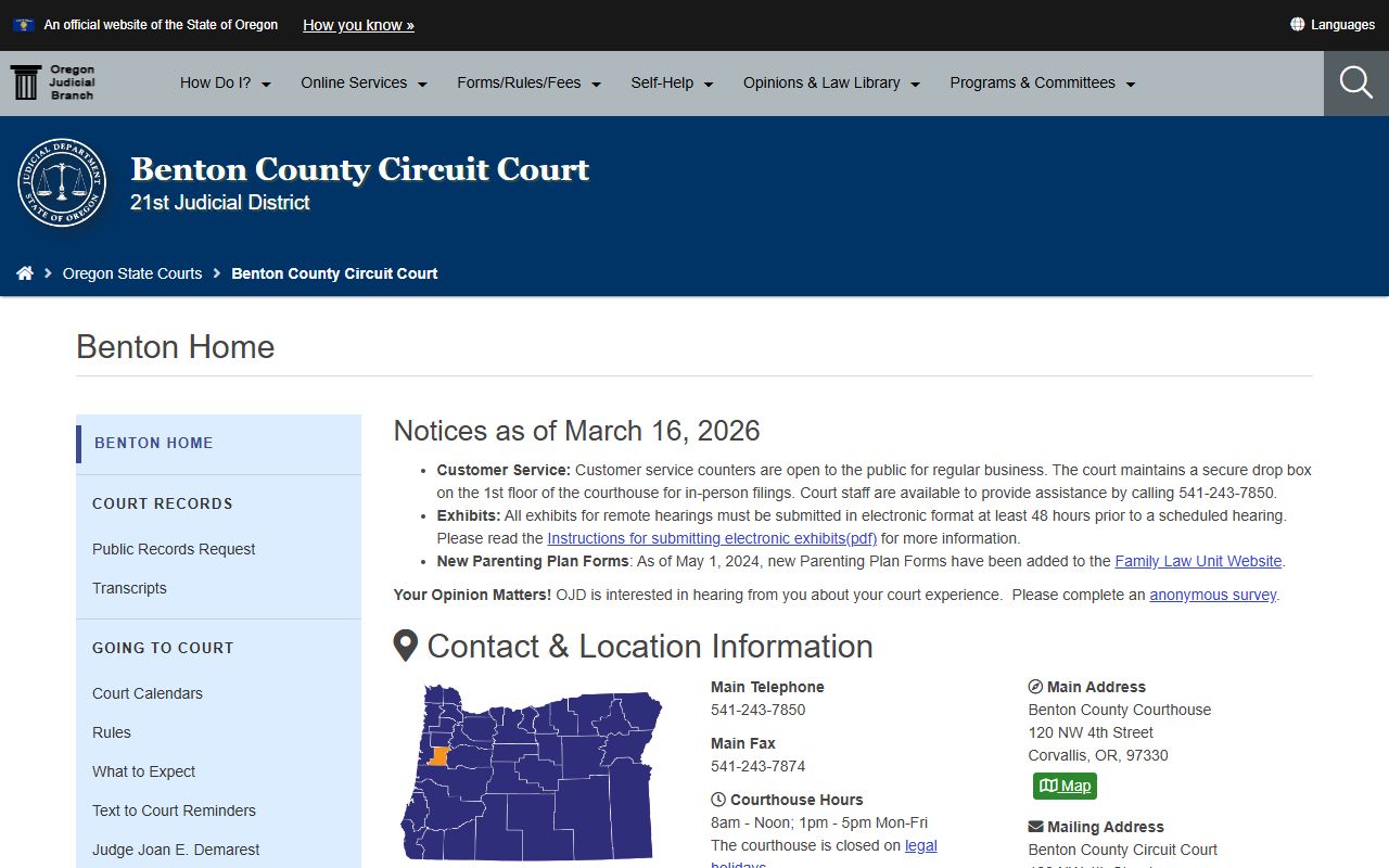 Benton County Circuit Court criminal history records page