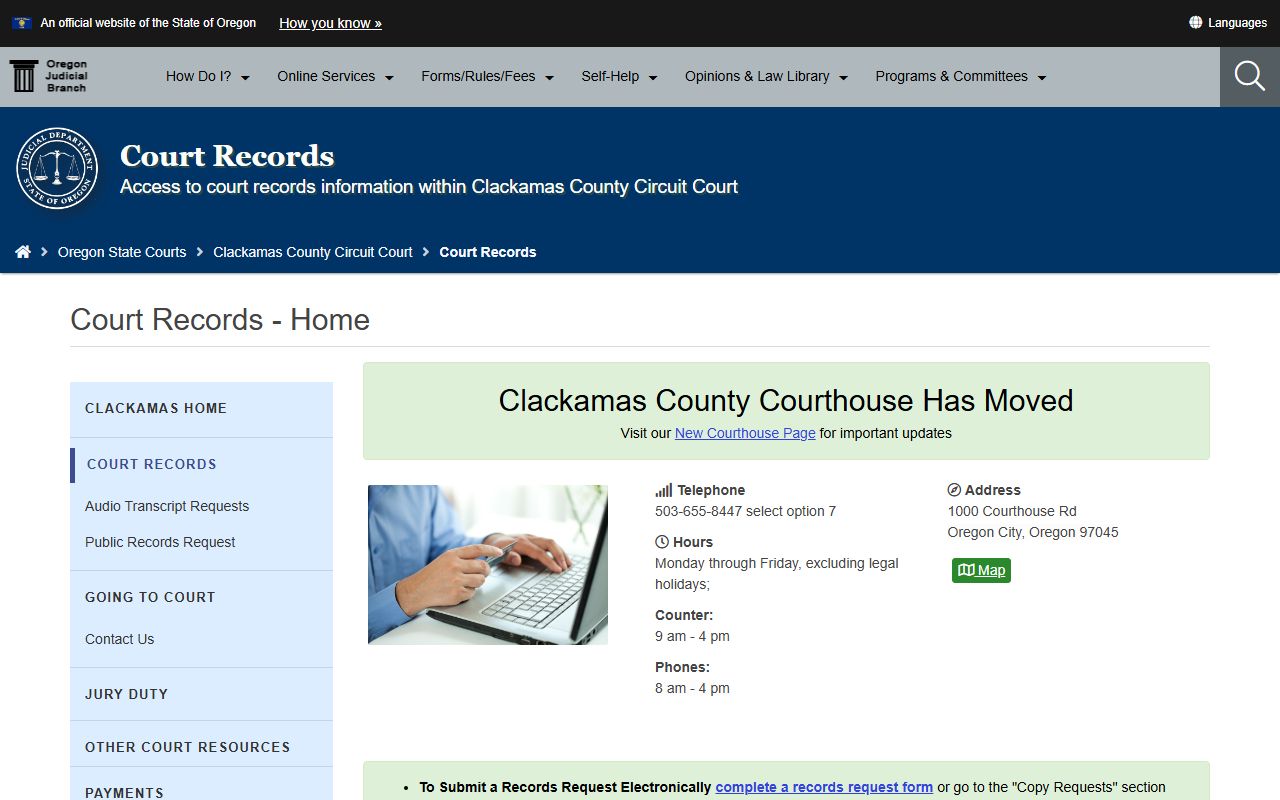 Clackamas County criminal history records circuit court records unit page