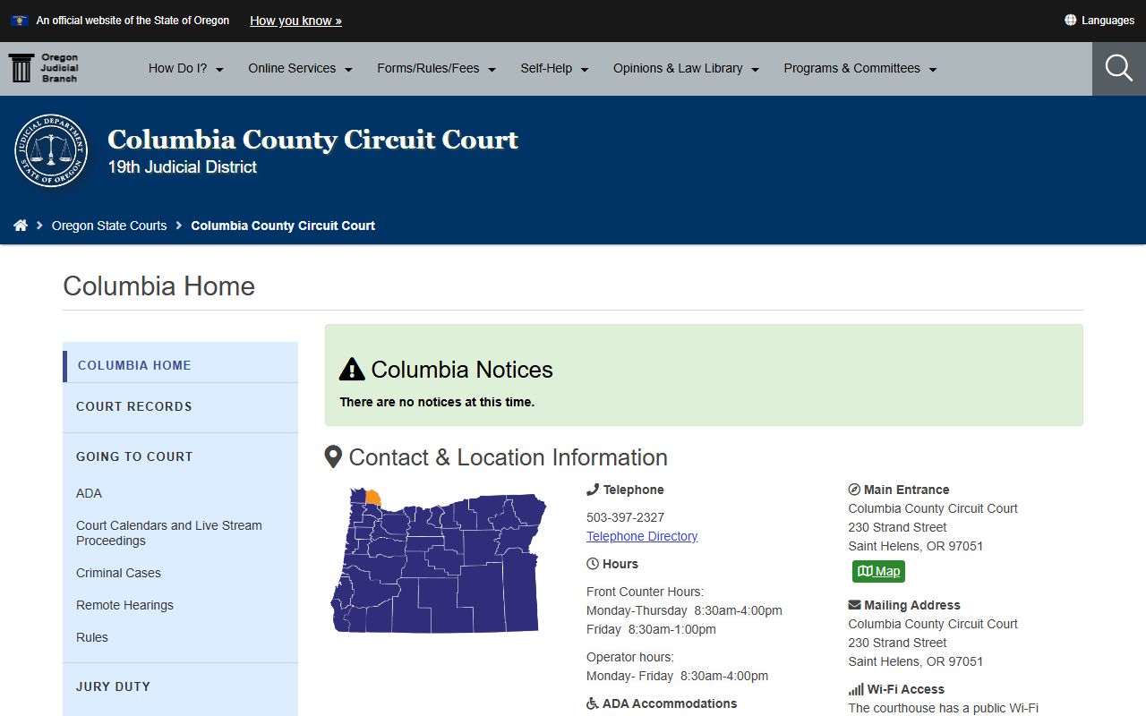 Columbia County criminal history records circuit court page with court services and contact details