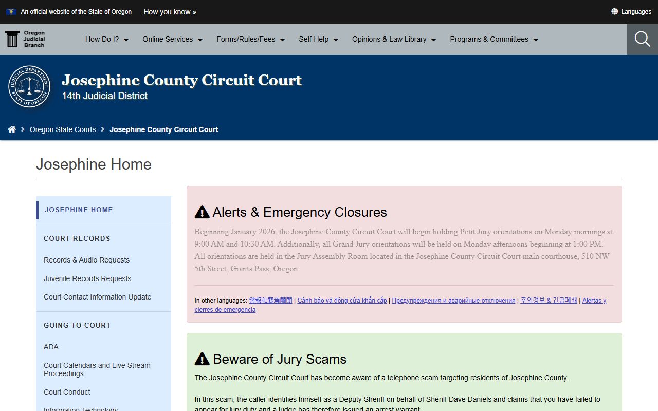Josephine County Circuit Court criminal history records page
