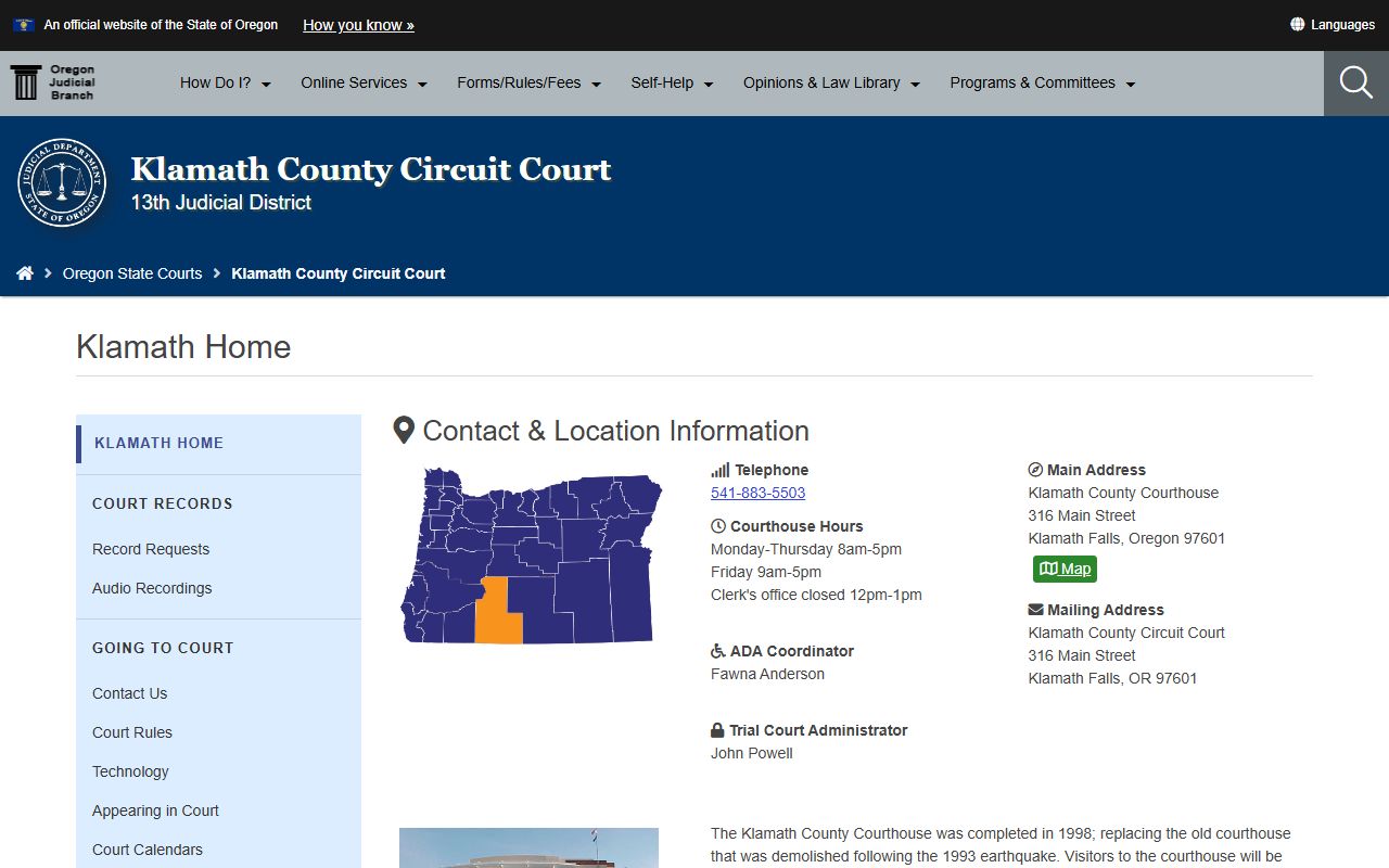 Klamath County criminal history records circuit court main page showing court services