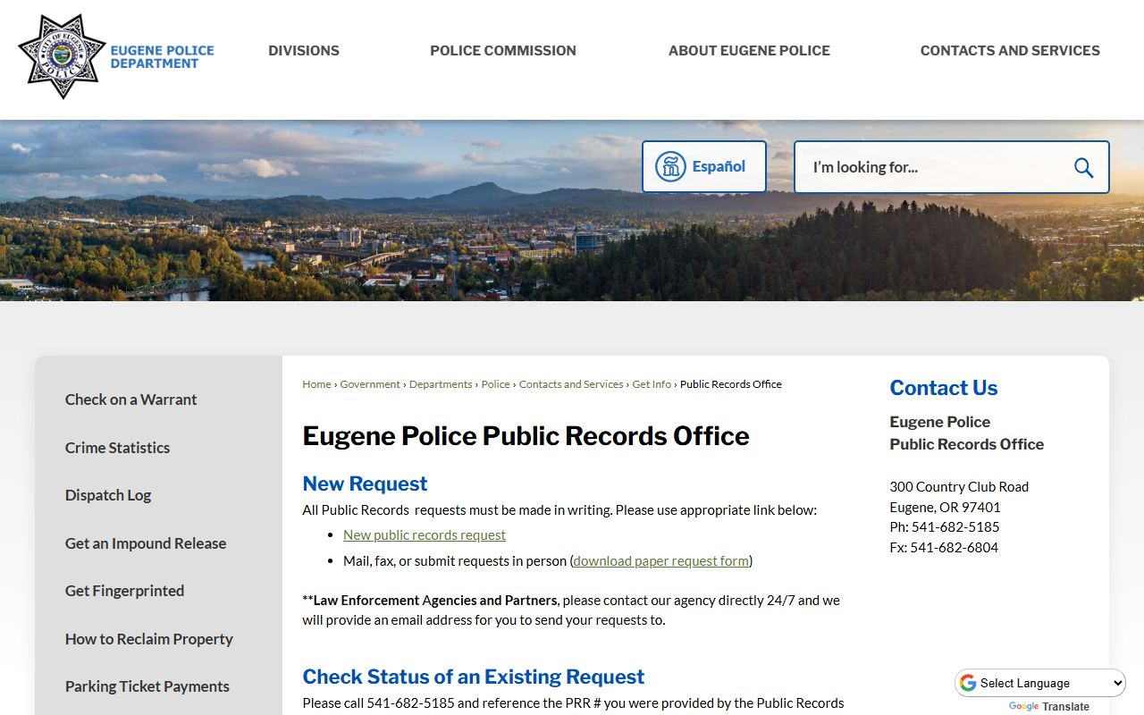 Lane County criminal history records Eugene Police public records office page