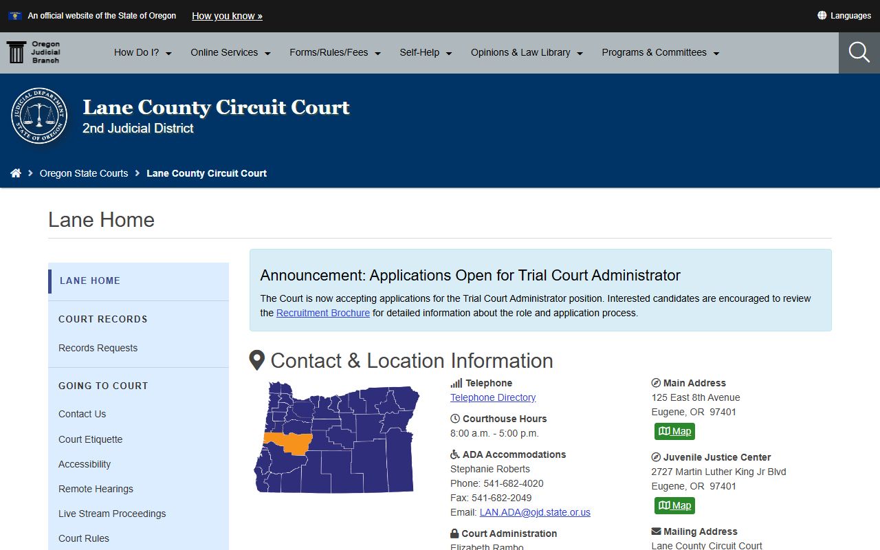 Lane County criminal history records circuit court main page