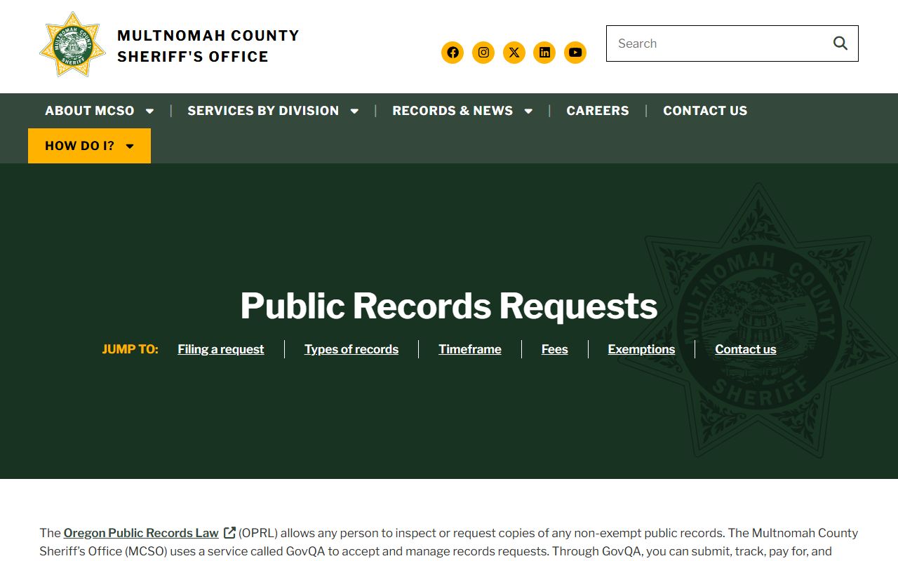 Multnomah County criminal history records sheriff office public records request page