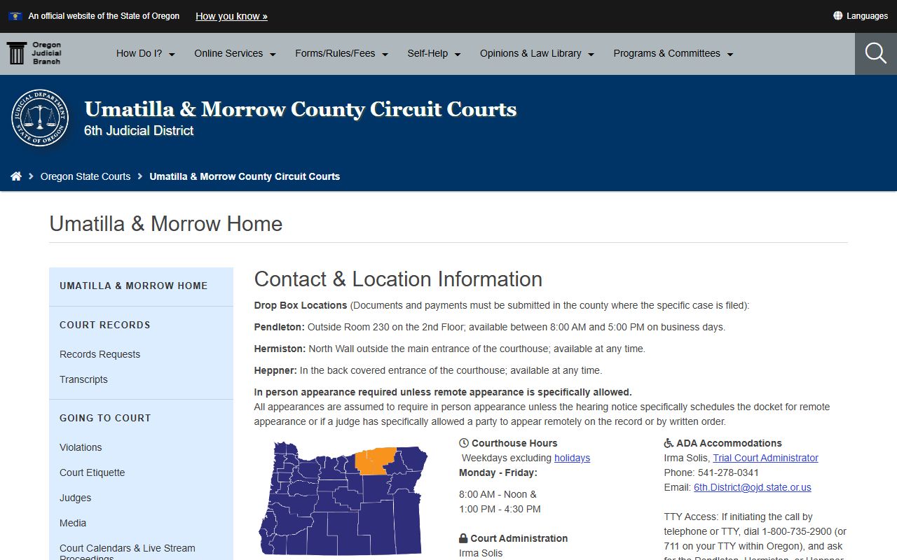 Umatilla County criminal history records circuit court page showing court services and contact information