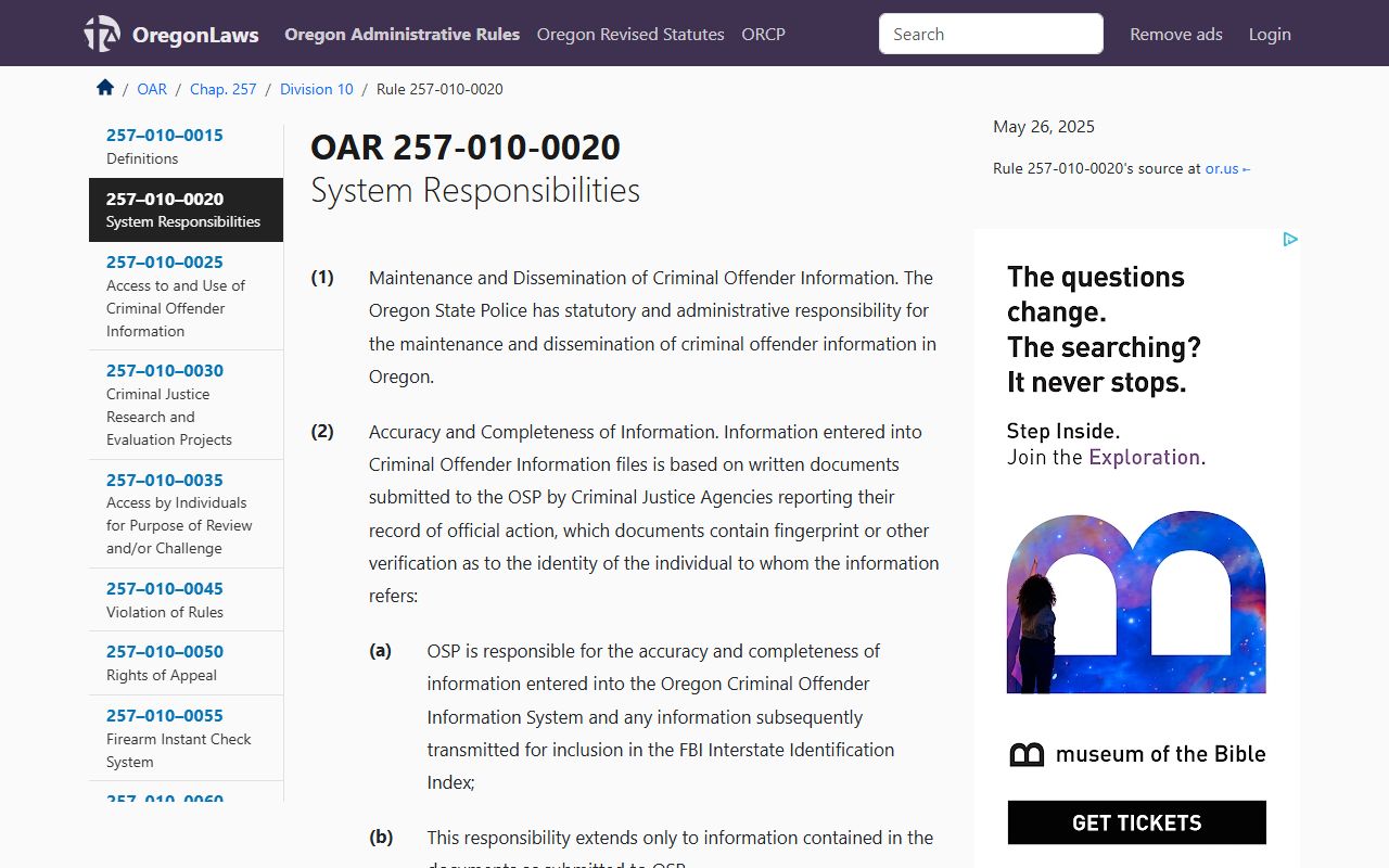Oregon OAR 257-010-0020 system responsibilities for criminal history records