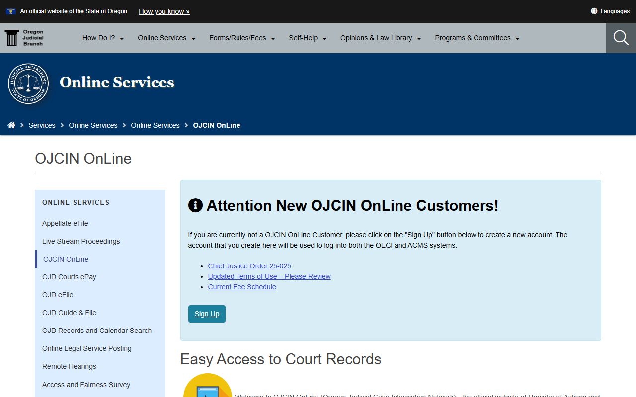 OJCIN OnLine subscription service for Oregon criminal history court records