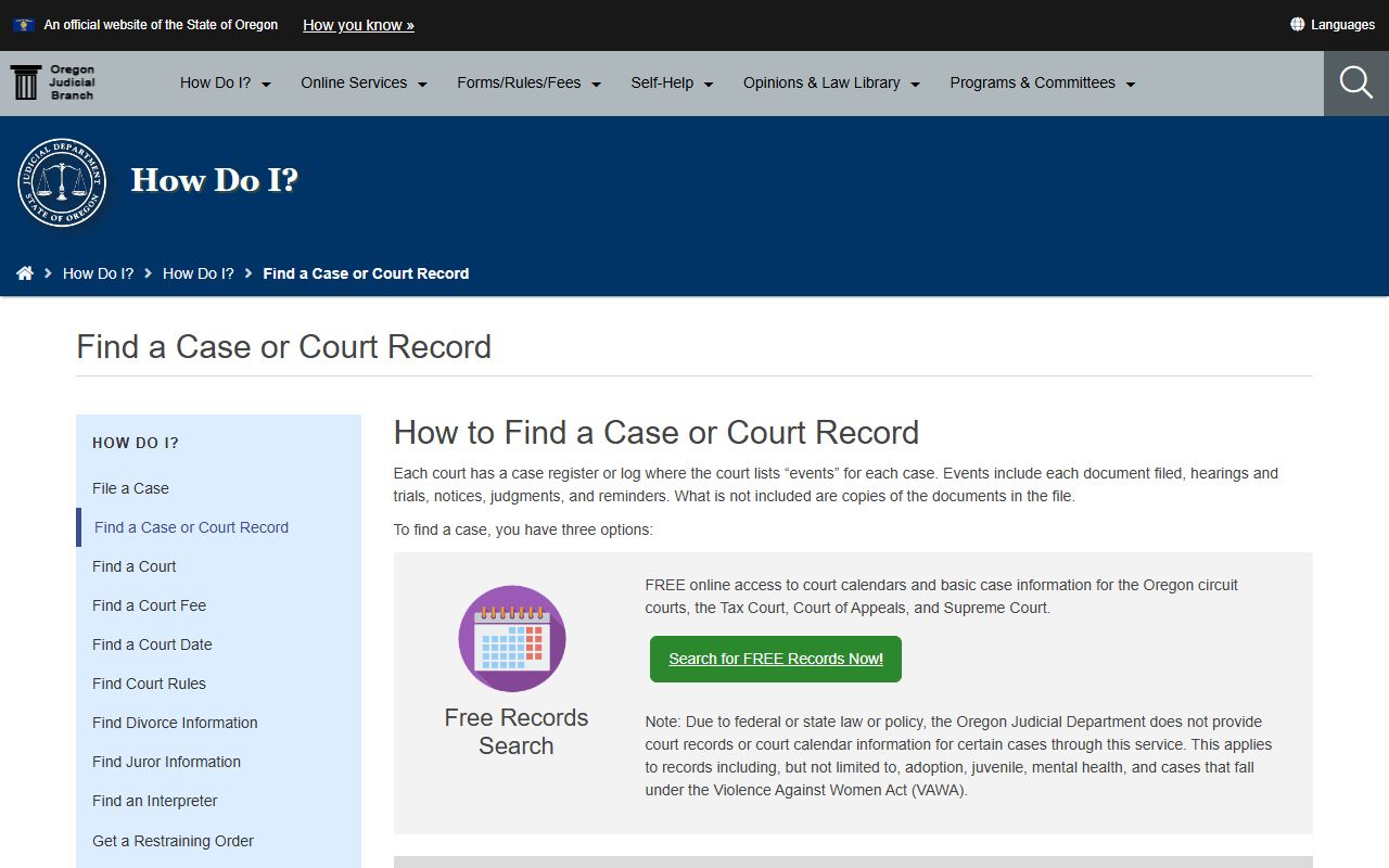 Oregon Judicial Department find a case page for criminal history records