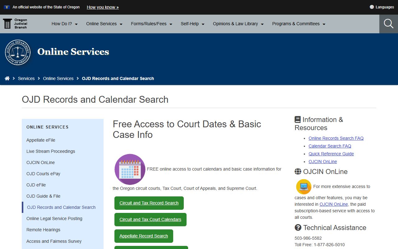 Oregon Judicial Department records and calendar search for criminal cases