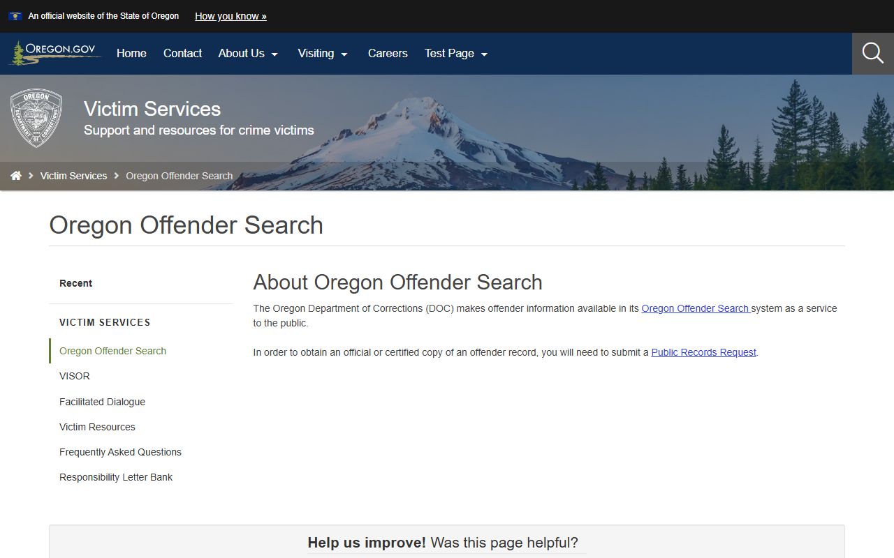 Oregon Department of Corrections offender search tool for criminal history
