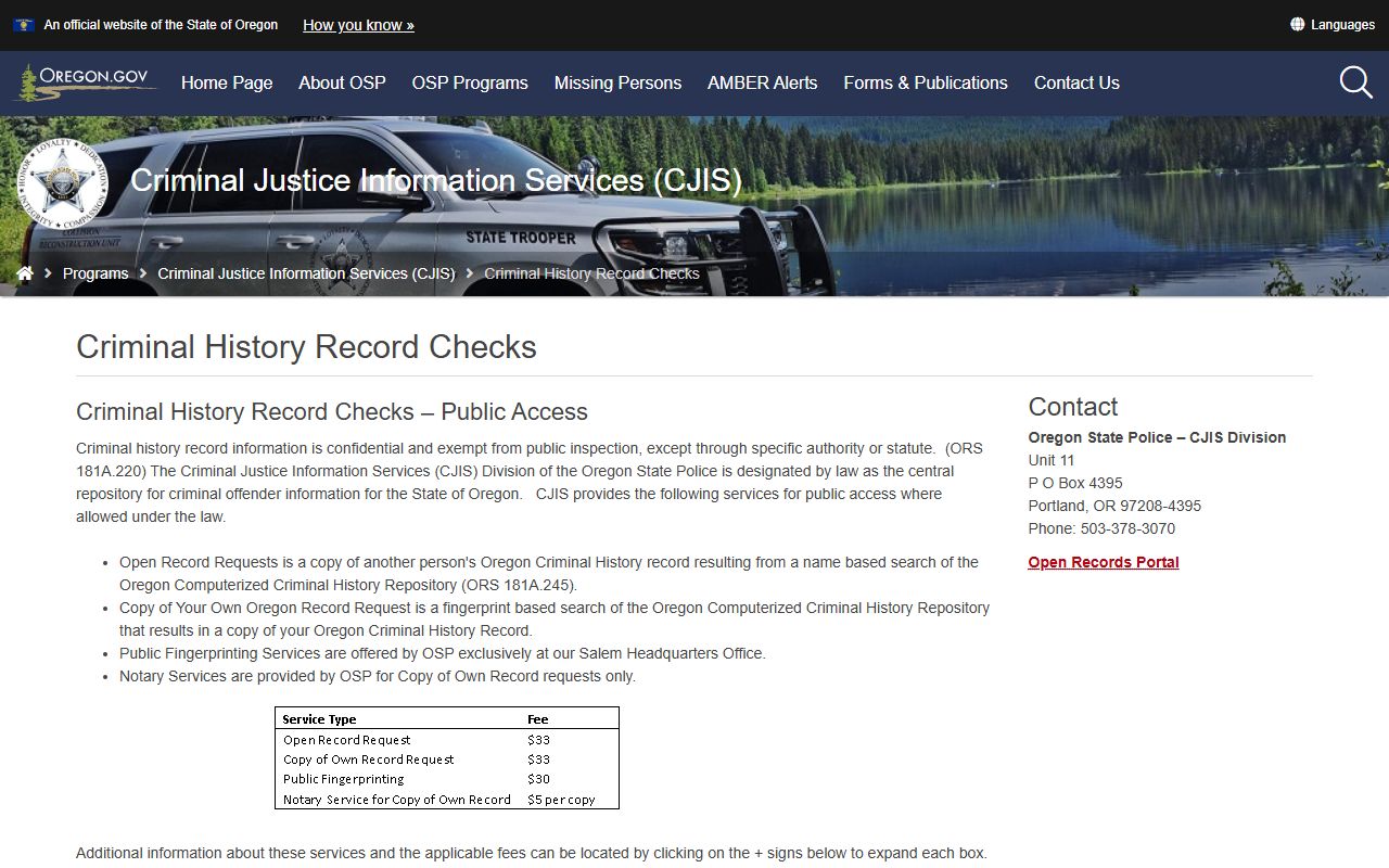 Oregon State Police CJIS Division criminal history record checks page