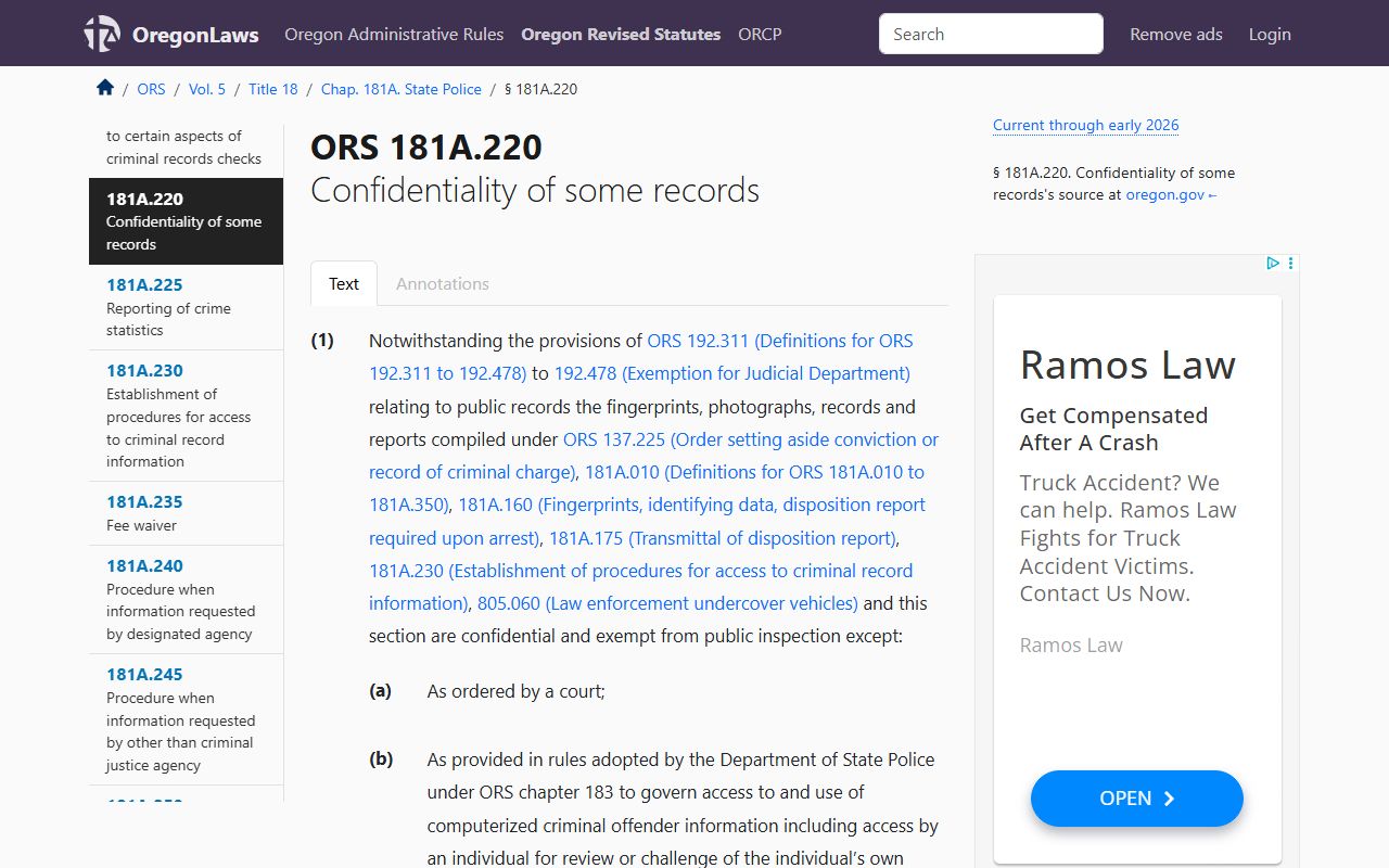 Oregon ORS 181A.220 confidentiality statute for criminal history records