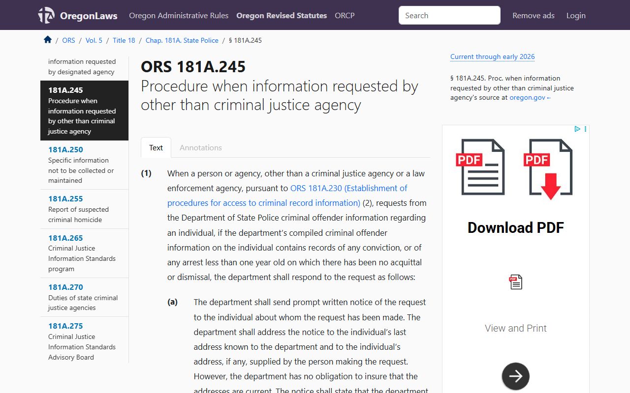 Oregon ORS 181A.245 open records procedure for criminal history